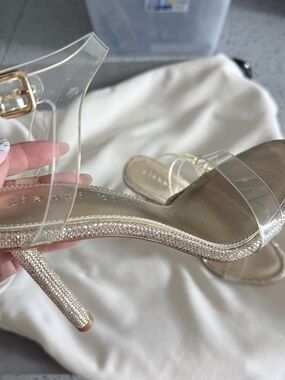 Gianni Bini Clear Strap Gold Rhinestone Heel Sandals